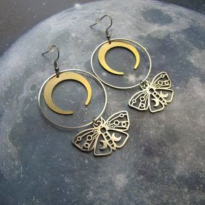 Dark Cottage Lunar Witch Dangle Earrings Stunning Crescent Moon Moth Design